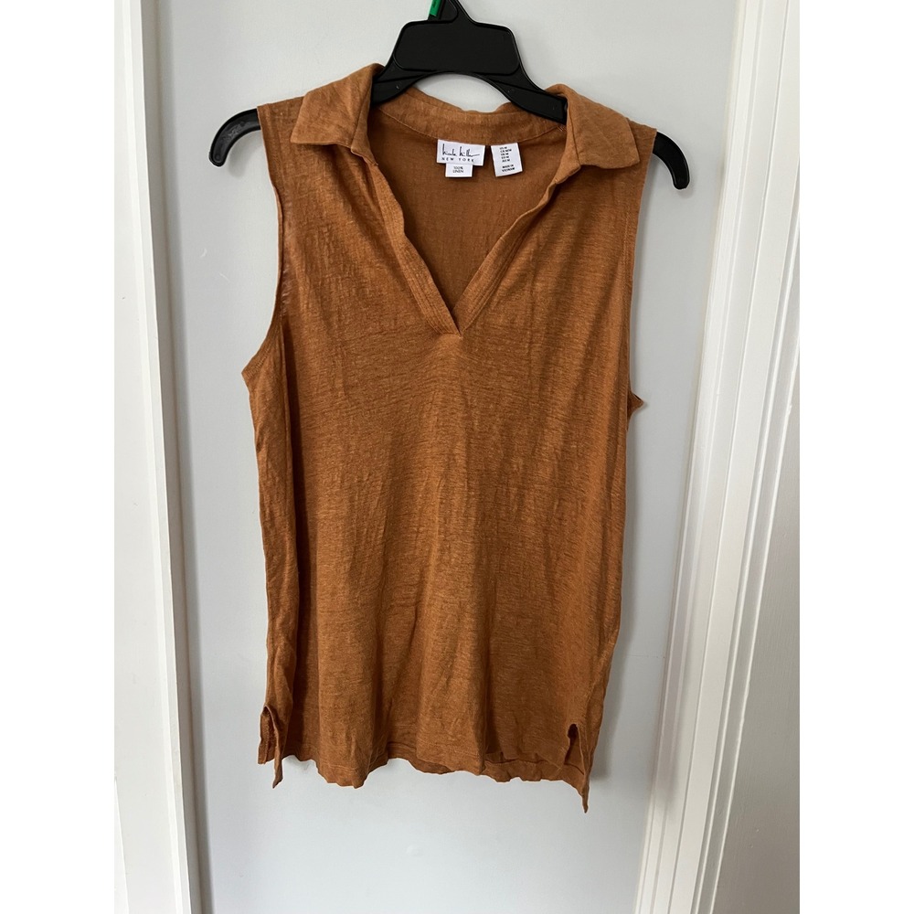 Nicole Miller New York Womens 100% Linen Sleeveless V-Neck Collared Top Brown M